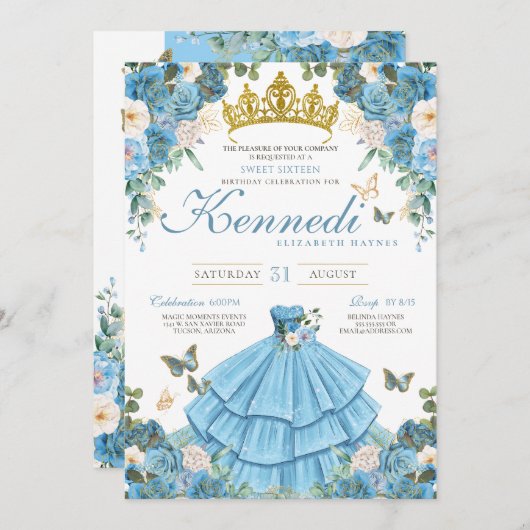 Cinderella Blue Rose Butterfly Prinzessin Sweet 16 Einladung (Vorne/Hinten)