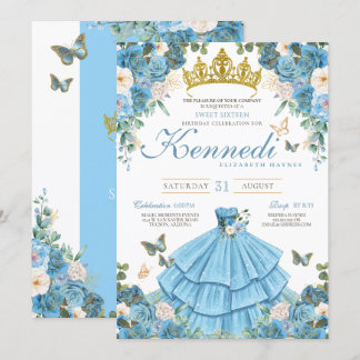 Cinderella Blue Rose Butterfly Prinzessin Sweet 16 Einladung