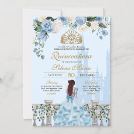 Cinderella Blue Rose & Goldrennin Quinceanera Einladung