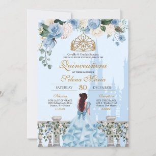 Cinderella Blue Rose & Goldrennin Quinceanera Einladung