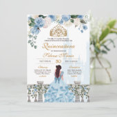 Cinderella Blue Rose & Goldrin Quinceañera Einladung (Stehend Vorderseite)