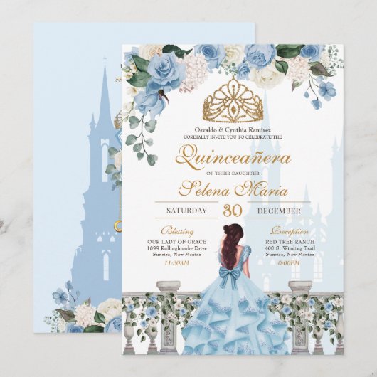 Cinderella Blue Rose & Goldrin Quinceañera Einladung (Vorne/Hinten)
