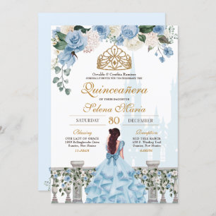 Cinderella Blue Rose & Goldrin Quinceañera Einladung