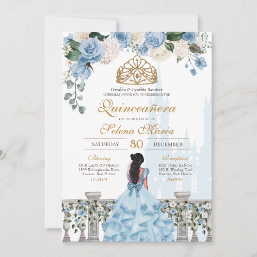 Cinderella Blue Rose & Goldrin Quinceañera Einladung (Vorderseite)