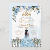 Cinderella Blue Rose & Goldrin Quinceañera Einladung (Vorne/Hinten)