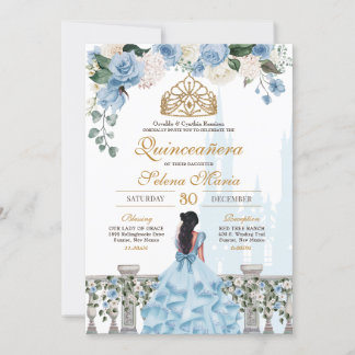 Cinderella Blue Rose & Goldrin Quinceañera Einladung