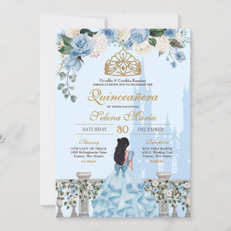 Cinderella Blue Rose & Goldrin Quinceañera Einladung