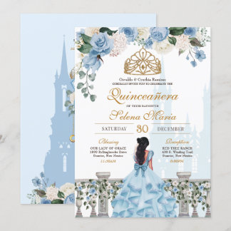 Cinderella Blue Rose & Goldrin Quinceañera Einladung