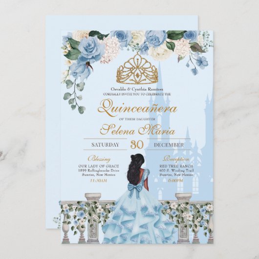 Cinderella Blue Rose & Goldrin Quinceañera Einladung (Vorne/Hinten)