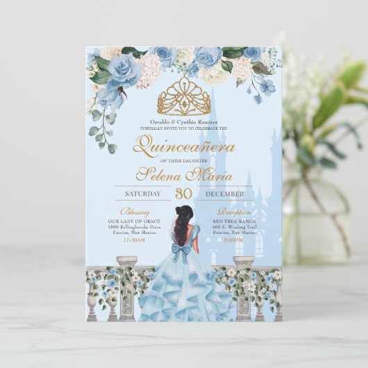 Cinderella Blue Rose & Goldrin Quinceañera Einladung (Stehend Vorderseite)