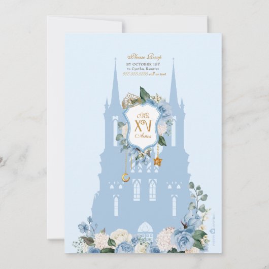 Cinderella Blue Rose & Goldrin Quinceañera Einladung (Rückseite)