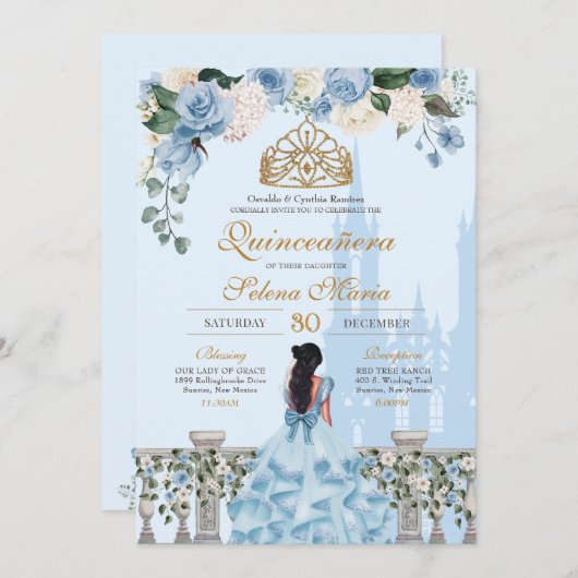 Cinderella Blue Rose & Goldrin Quinceañera Einladung (Vorne/Hinten)
