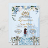 Cinderella Blue Rose & Goldrin Quinceañera Einladung (Vorne/Hinten)