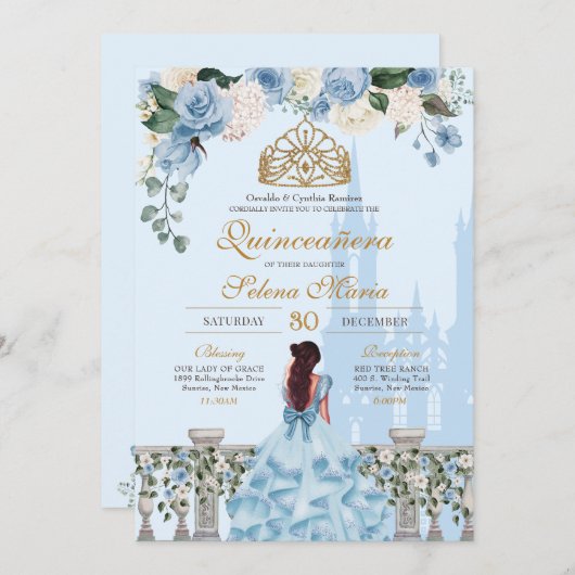Cinderella Blue Rose & Goldrin Quinceañera Einladung (Vorne/Hinten)