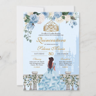 Cinderella Blue Rose & Goldrin Quinceañera Einladung