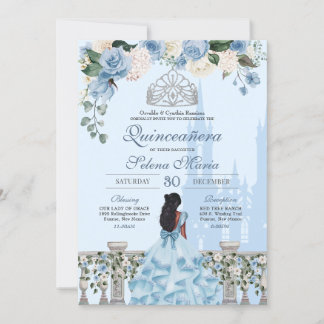 Cinderella Blue Rose Silver Princess Quinceañera Einladung