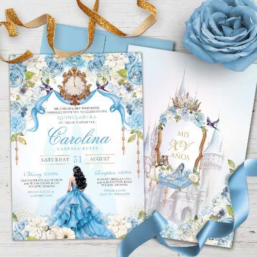 Cinderella Blue Rosen Luxury Princess Quinceanera Einladung