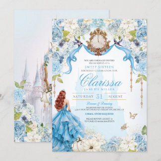 Cinderella Blue Royal Sweet 16 Princess Birthday Einladung