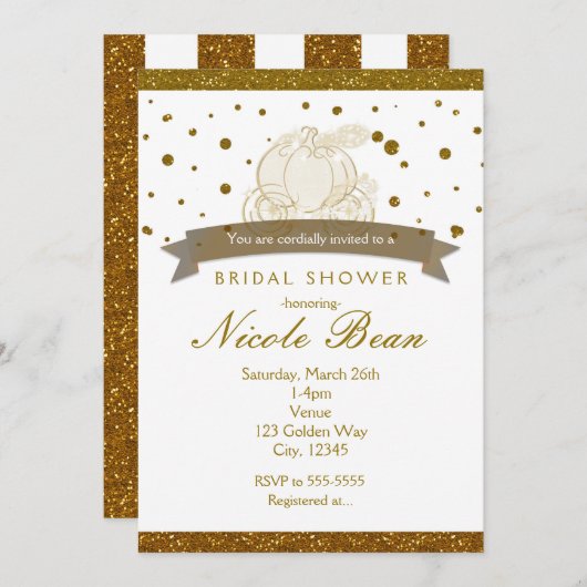 Cinderella Carriage Gold Glitzer Dots Einladungen (Vorne/Hinten)