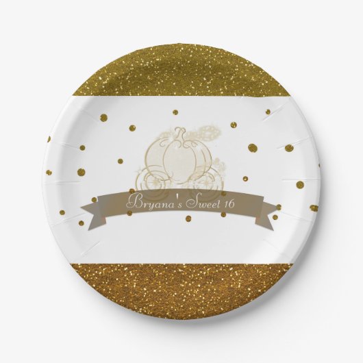 Cinderella Carriage Gold Glitzer Dots Party Teller (Vorderseite)