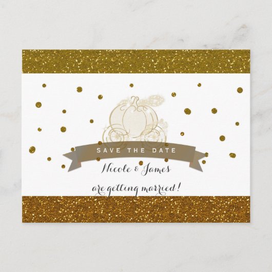 Cinderella Carriage Gold Glitzer Save the Date Ankündigungspostkarte (Vorderseite)