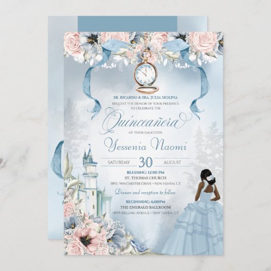 Cinderella Fairy Tale Blue Pink Floral Quinceanera Einladung (Vorne/Hinten)
