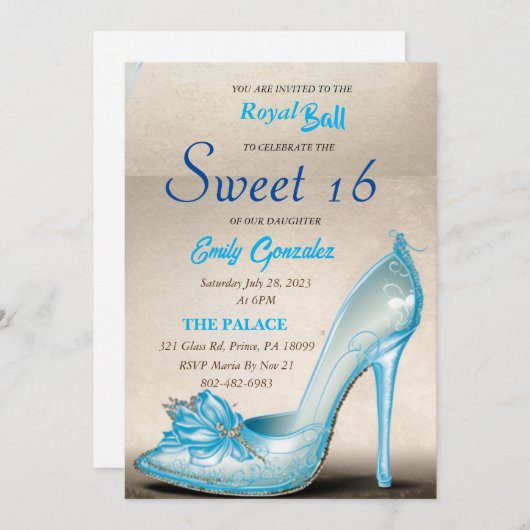 Cinderella Glass Slipper Sweet 16 Einladungen (Vorne/Hinten)