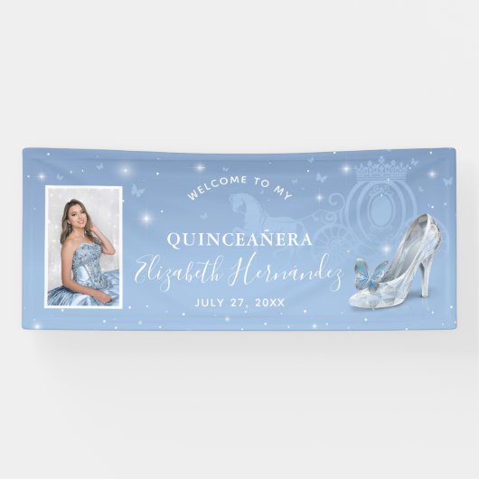 Cinderella Light Blue Quinceanera Foto Geburtstag Banner (Horizontal)