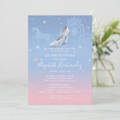 Cinderella Light Blue und Pink Quinceanera Einladung (Stehend Vorderseite)