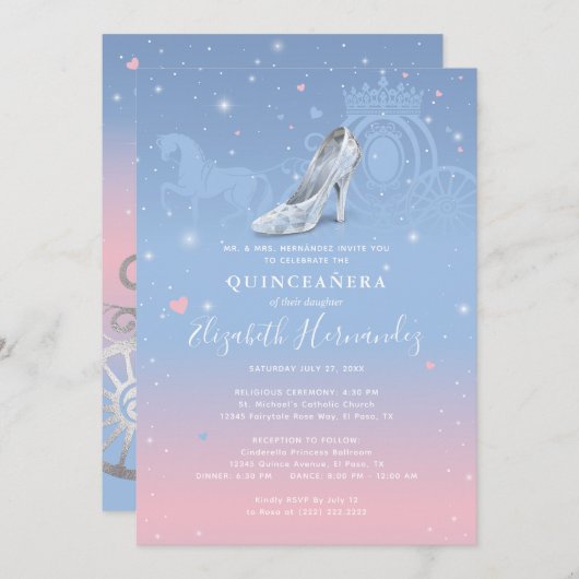 Cinderella Light Blue und Pink Quinceanera Einladung (Vorne/Hinten)