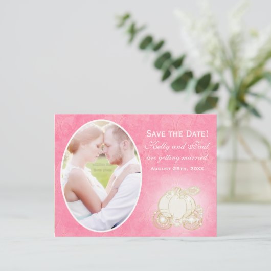 Cinderella Pink Carriage Wedding Foto Postcard Ankündigungspostkarte (Stehend Vorderseite)