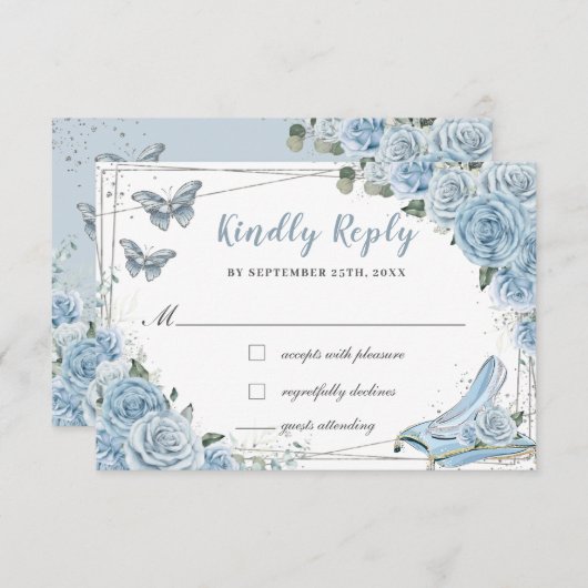 Cinderella Princess Baby Blue Floral Quinceañera RSVP Karte (Vorne/Hinten)