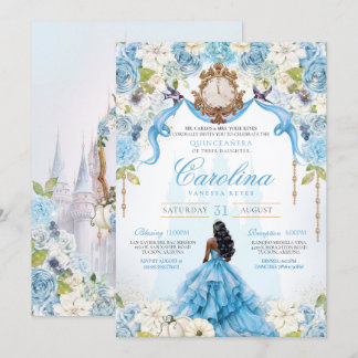 Cinderella Quinceañera Blue Gold Luxus Geburtstag Einladung