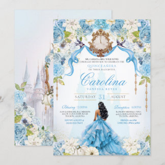 Cinderella Quinceañera Blue Gold Luxus Geburtstag Einladung