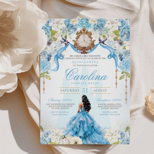 Cinderella Quinceanera Luxury Blue Gold Geburtstag Einladung