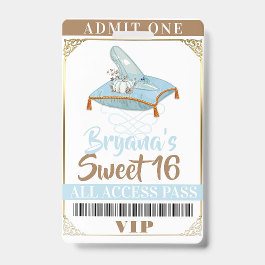 Cinderella Slipper Princess Sweet 16 VIP Pass Ausweis (Vorderseite)