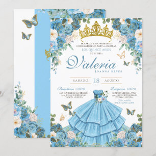 Cinderlla Blue Gold Elegantin Princess Quinceañera Einladung
