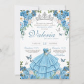 Cinderlla Blue Silver Elegant Prinzessin Quinceañe Einladung (Vorderseite)