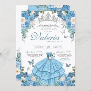 Cinderlla Blue Silver Elegant Prinzessin Quinceañe Einladung
