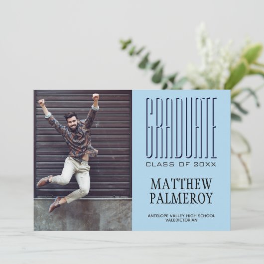 Cinema Lettering Blue Photo Graduate Announcement Ankündigung (Stehend Vorderseite)