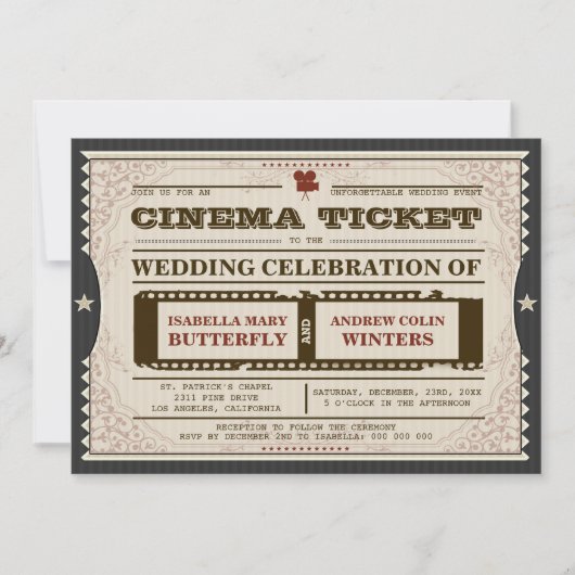 Cinema Ticket - Einladung zur Hochzeit auf Grau (Vorderseite)