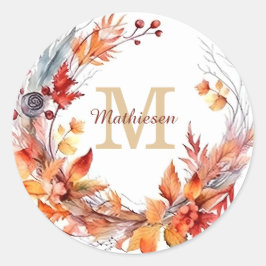 Cinnamon Autumn Leaves Wreath Monogram Runder Aufkleber