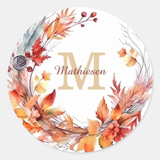 Cinnamon Autumn Leaves Wreath Monogram Runder Aufkleber (Vorderseite)