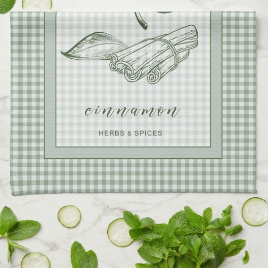 Cinnamon Herb Kitchen Towel – Green Gingham Border Geschirrtuch (Gefaltet)