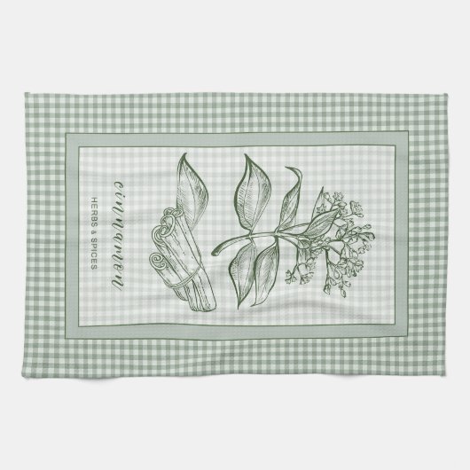 Cinnamon Herb Kitchen Towel – Green Gingham Border Geschirrtuch (Horizontal)