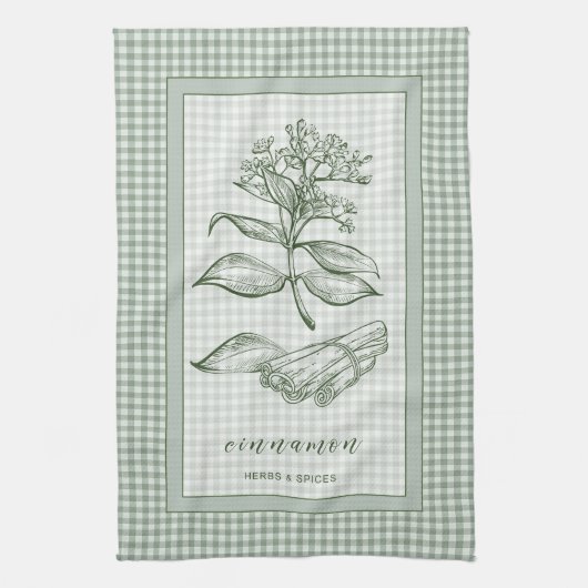 Cinnamon Herb Kitchen Towel – Green Gingham Border Geschirrtuch (Vertikal)