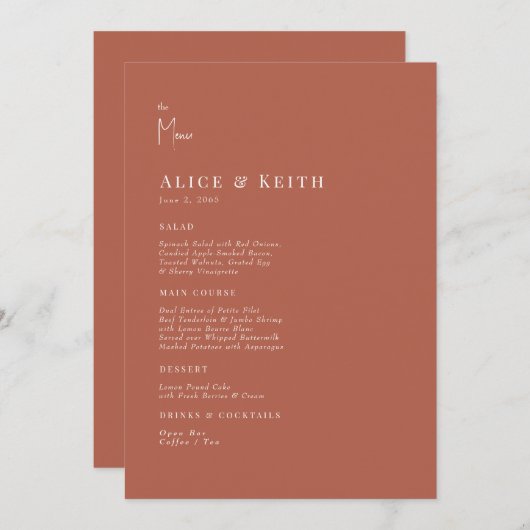 Cinnamon Modern Wedding Menu Einladung (Vorne/Hinten)