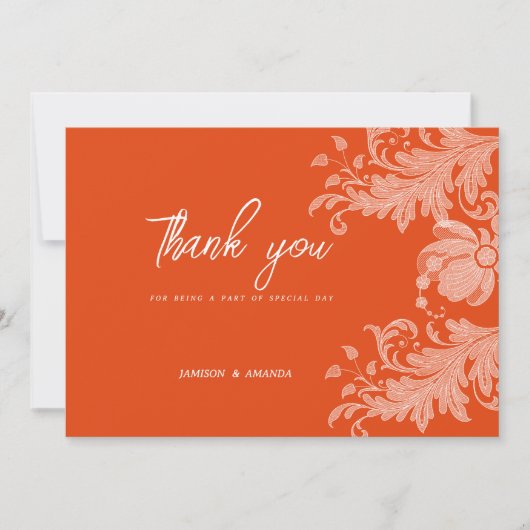 Cinnamon orange weiße Blumenspitze Danke Einladung (Vorderseite)