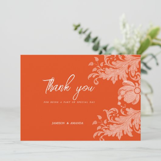 Cinnamon orange weiße Blumenspitze Danke Einladung (Stehend Vorderseite)