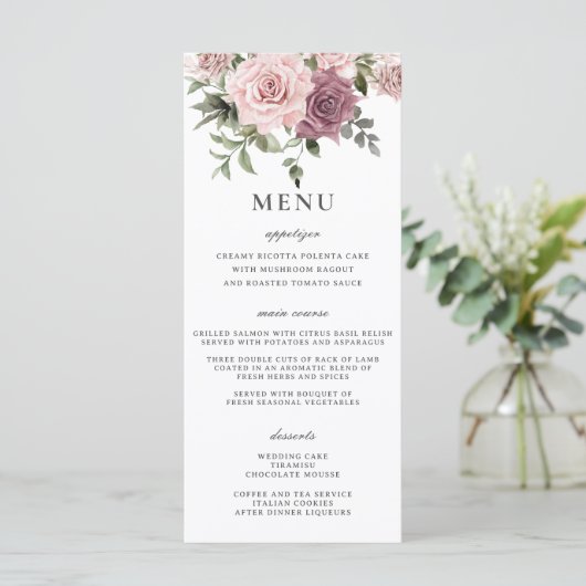 Cinnamon Rose Blush Blumengrün Hochzeitsmenü Programm (Stehend Vorderseite)